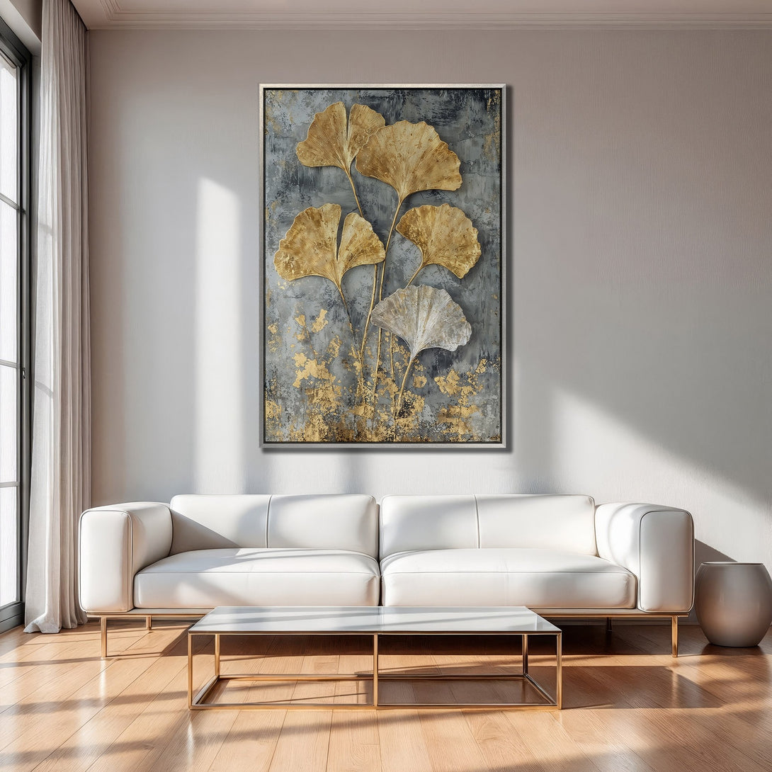 Framed Wall Art: Gold leaf ginkgo art print. Modern abstract style with gray, gold, and white color palette. Perfect for living room decor.