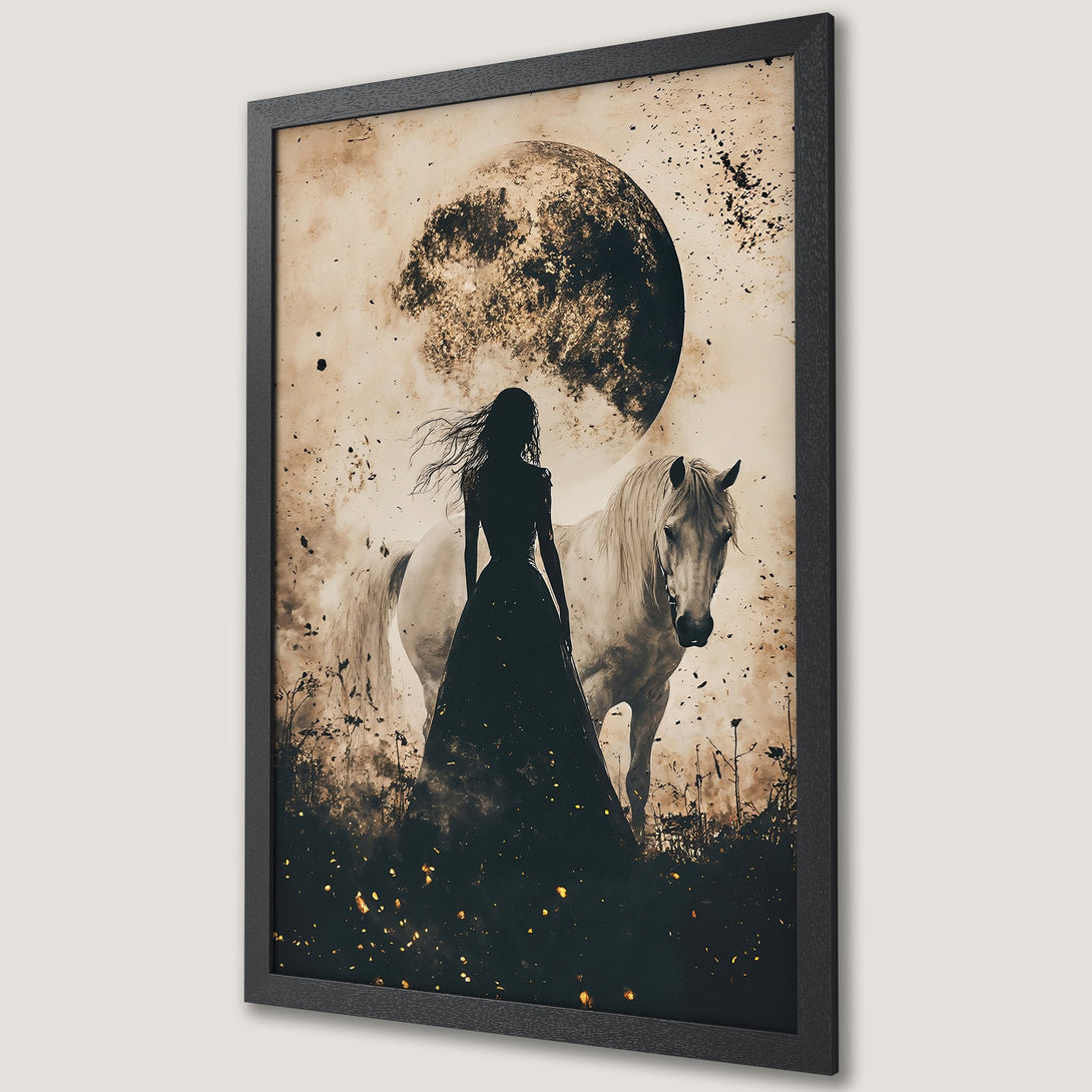 Framed Poster: Woman & horse silhouette art print. Dramatic style with sepia & black color palette. Perfect wall decor for a mystical touch.