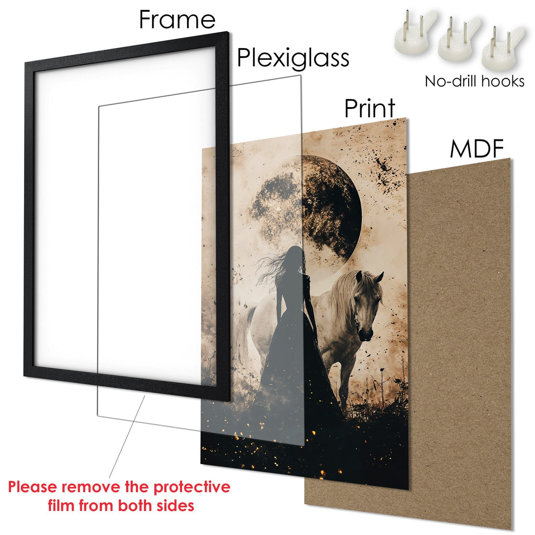 Framed Poster featuring a woman and horse under a moon, in a vintage style with a sepia color palette. Ready to hang!
