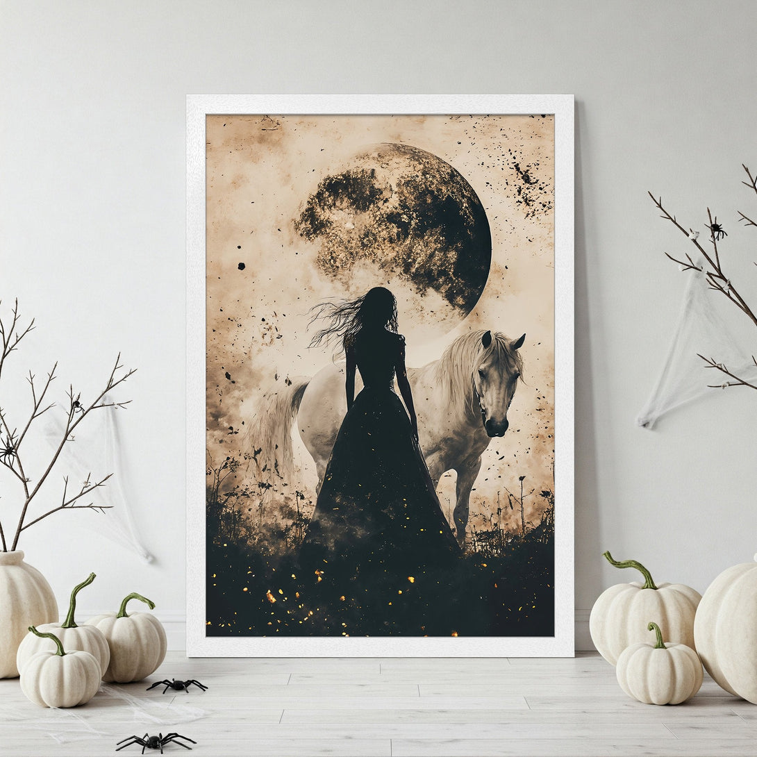 Framed Poster of woman and horse under a moon. Dark, gothic style with sepia tones. Perfect Halloween decor.