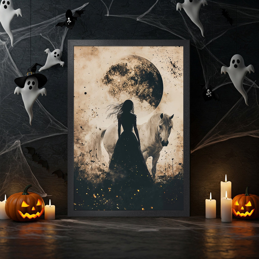 Framed Poster featuring a woman and horse under a full moon. Gothic style with a sepia and black color palette, perfect for Halloween decor.