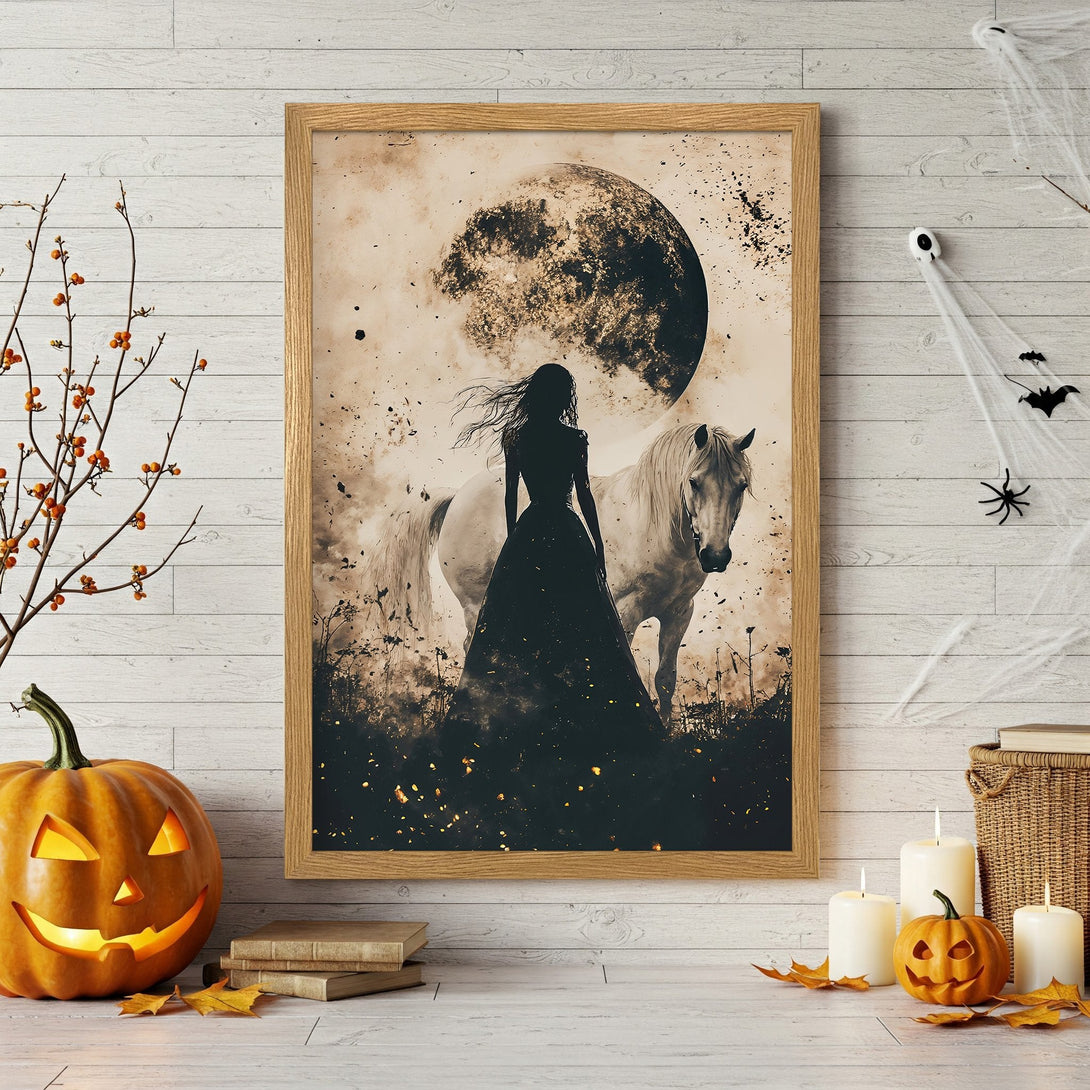 Framed Poster featuring a woman, horse, and moon in a vintage style with a sepia color palette. Perfect Halloween decor!
