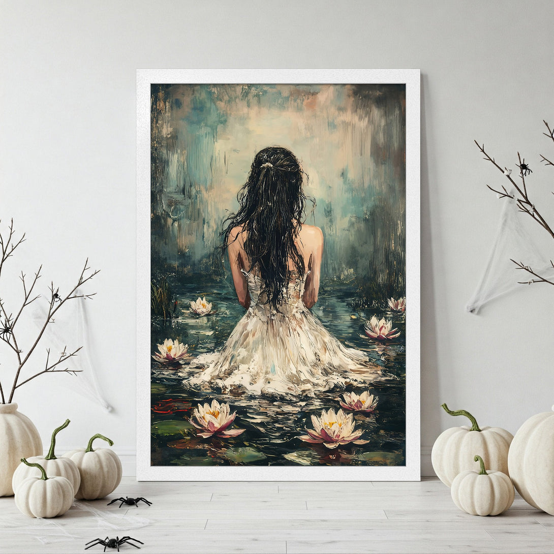 Framed Poster: Woman in white dress surrounded by lily pads, dark hair, serene art, neutral and dark color palette.