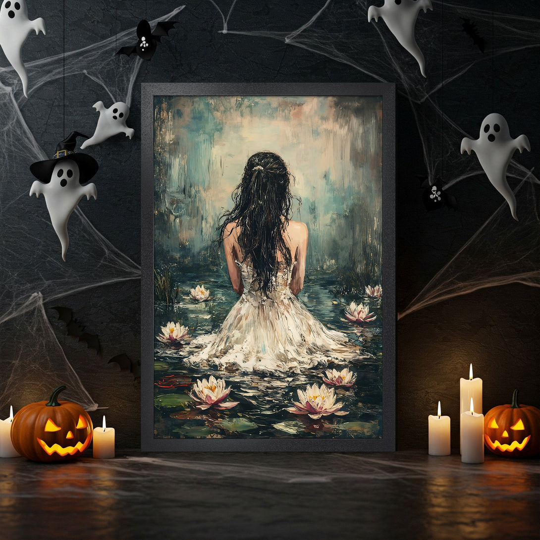 Framed Poster of woman in water lilies, moody art with a dark, earthy palette. Perfect Halloween decor!