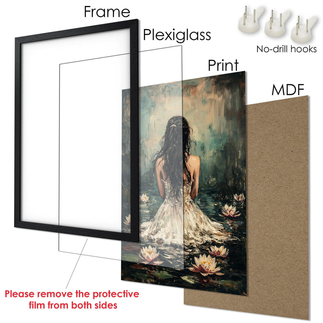 Framed Poster featuring a woman on a lake, soft color palette. Elegant art print for home decor. Ready to hang.