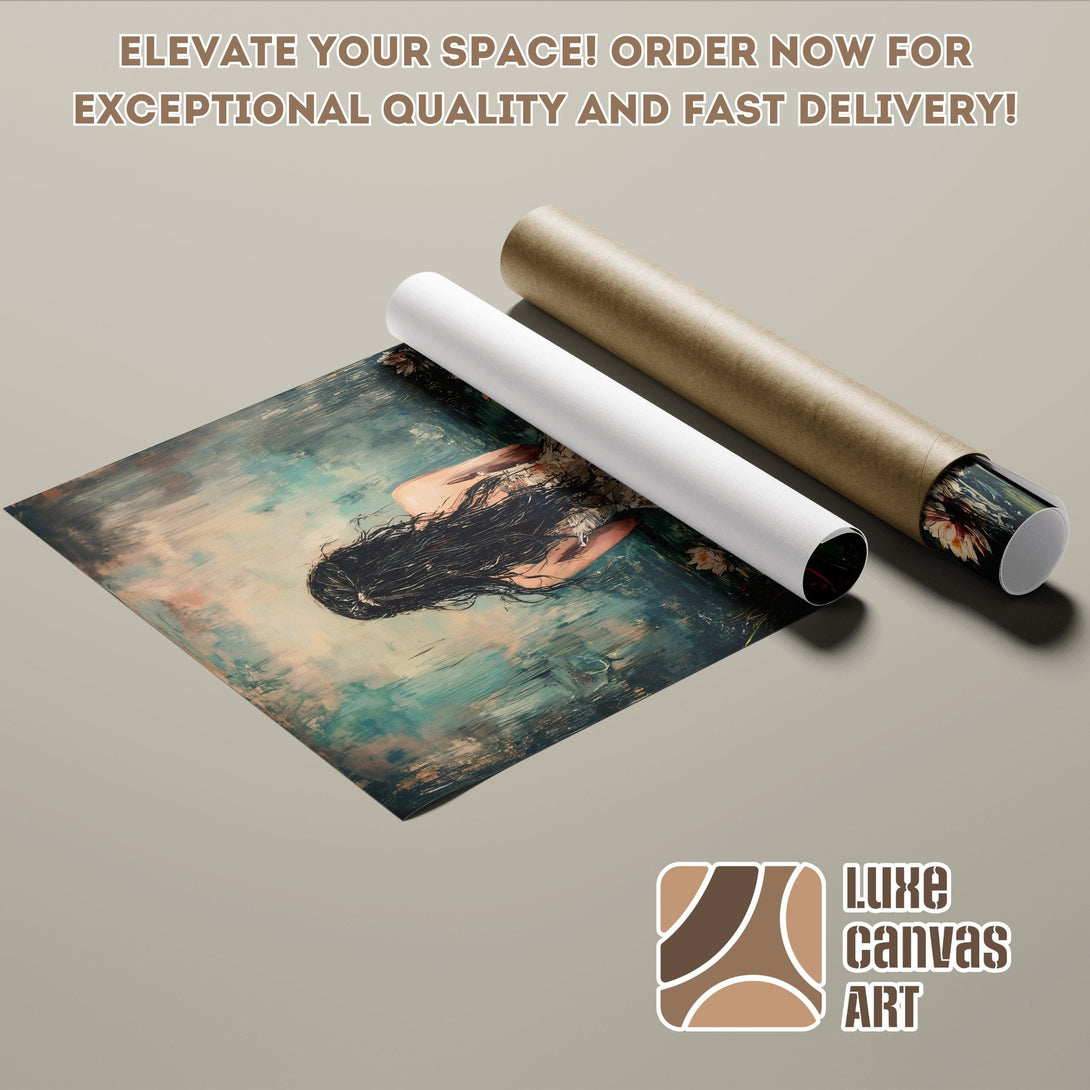 Poster Roll featuring a woman in a pond, art print in neutral tones. Elevate your space!