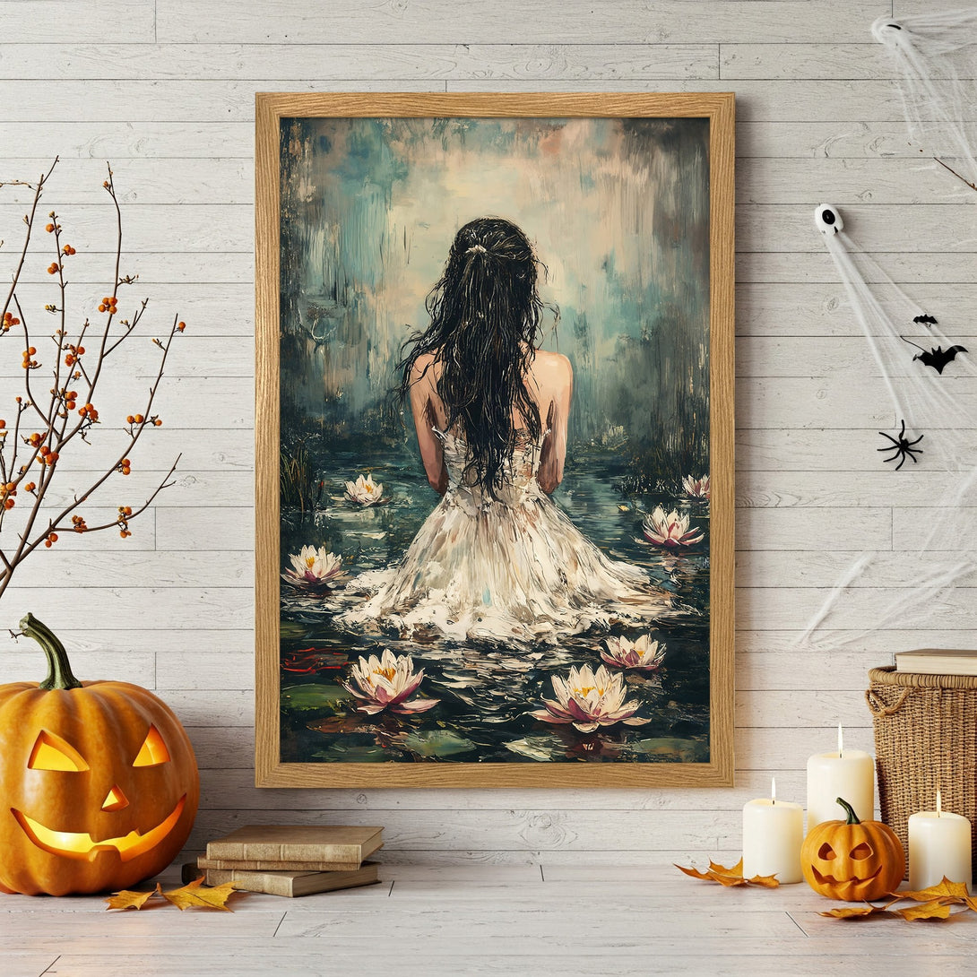 Framed Poster: Woman in water lilies art print. Elegant style, neutral tones, perfect for your home decor. Get yours today!