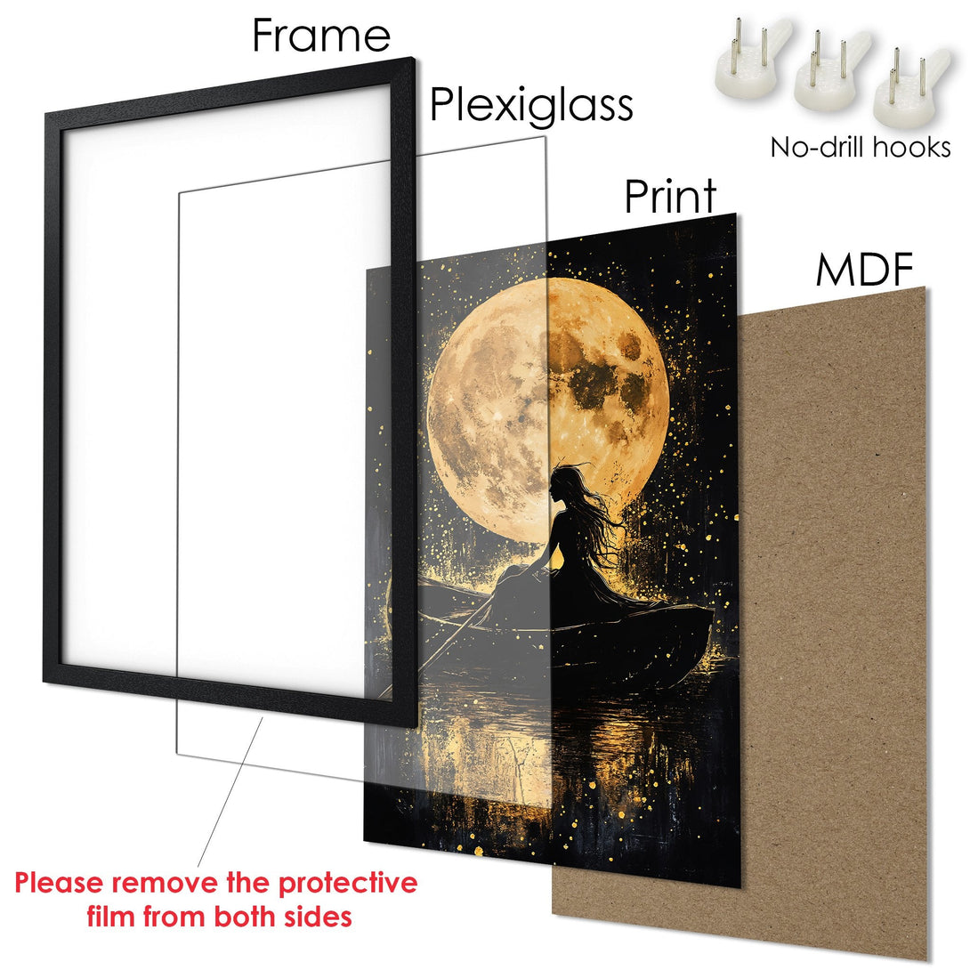 Framed Poster featuring a woman and moon in a gold and black art style. Perfect for adding a touch of magic to your space!