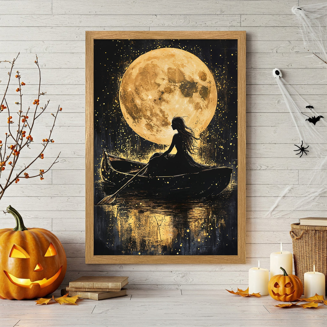 Framed Poster: Silhouette of woman in boat under moon. Black, gold, and white art for Halloween decor.
