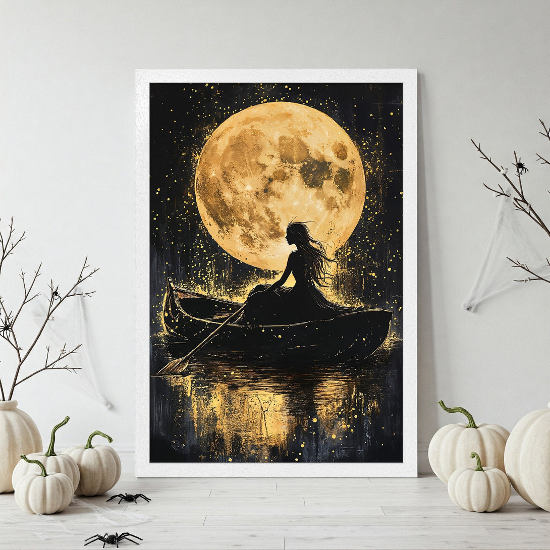 Framed Poster: Silhouette of woman in boat under a golden moon, dark & mysterious art print. Perfect for Halloween decor.