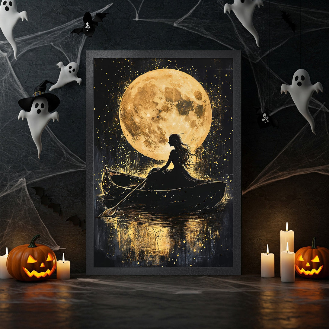 Framed Poster featuring a woman in a boat under a golden moon. Dark, artistic style with a black and gold color palette, perfect for Halloween decor.