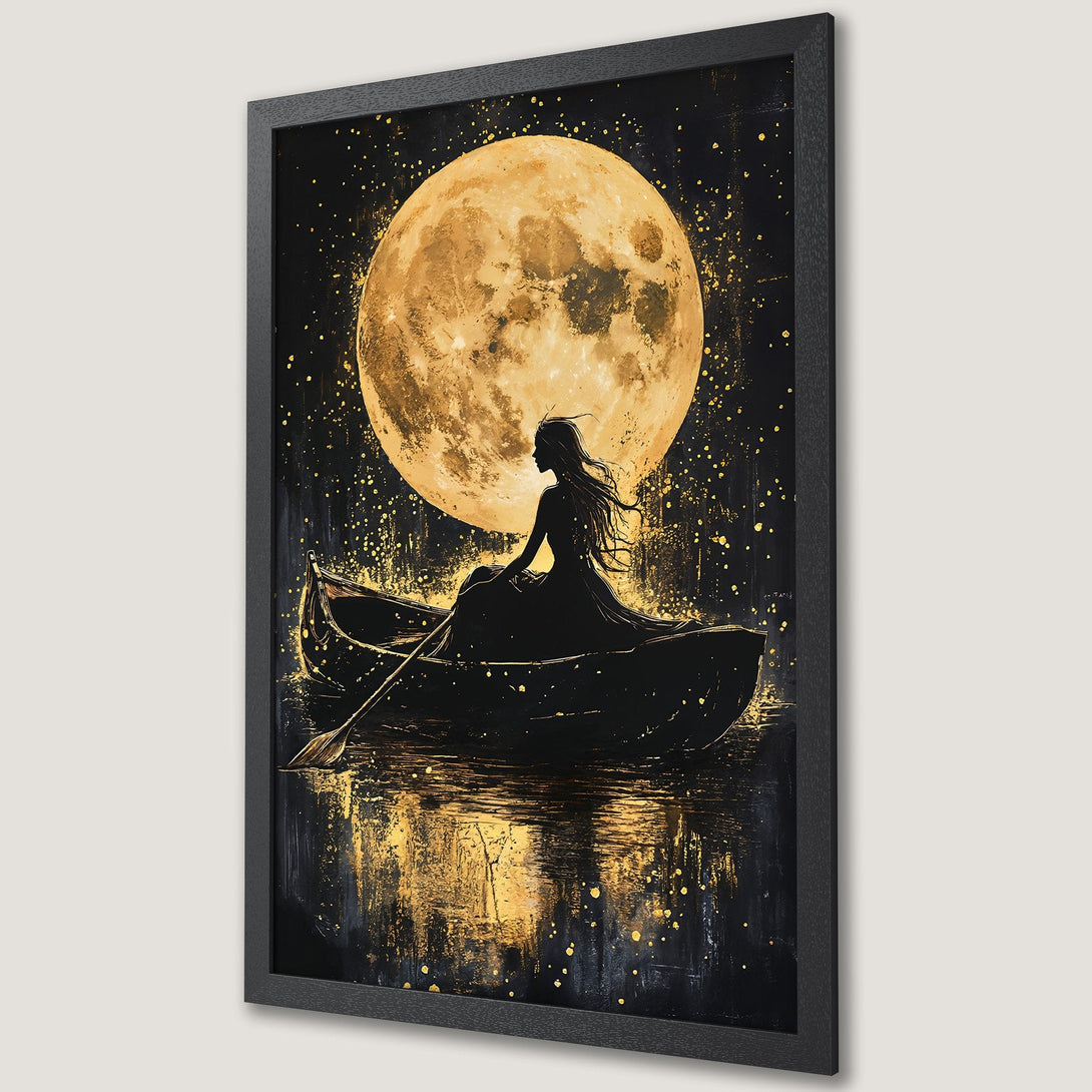 Framed Poster featuring a woman in a boat silhouette under a golden moon. Artistic style with black and gold color palette, perfect wall decor.
