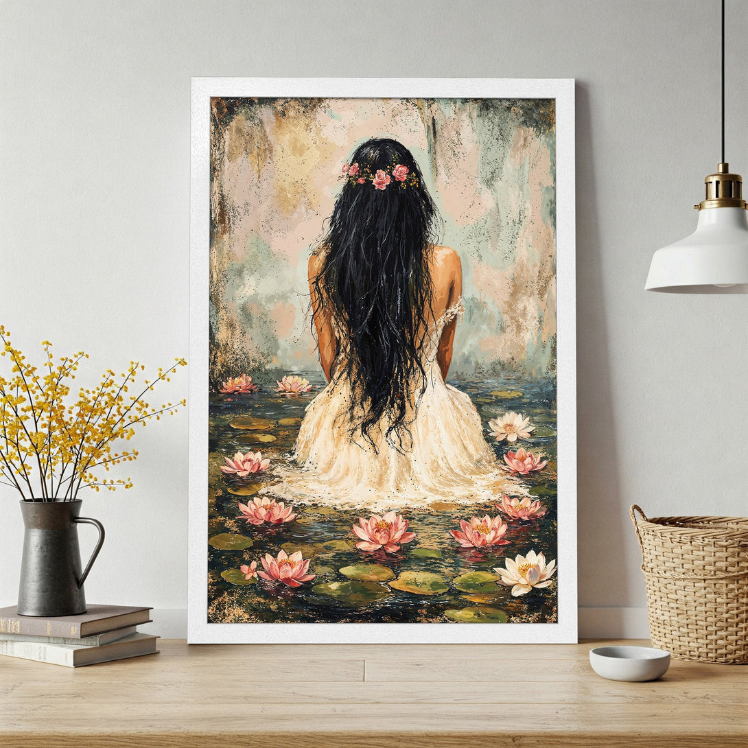 Framed Poster featuring a woman in a pond with lotus flowers, painted in a soft, impressionistic style. Delicate pastel color palette.