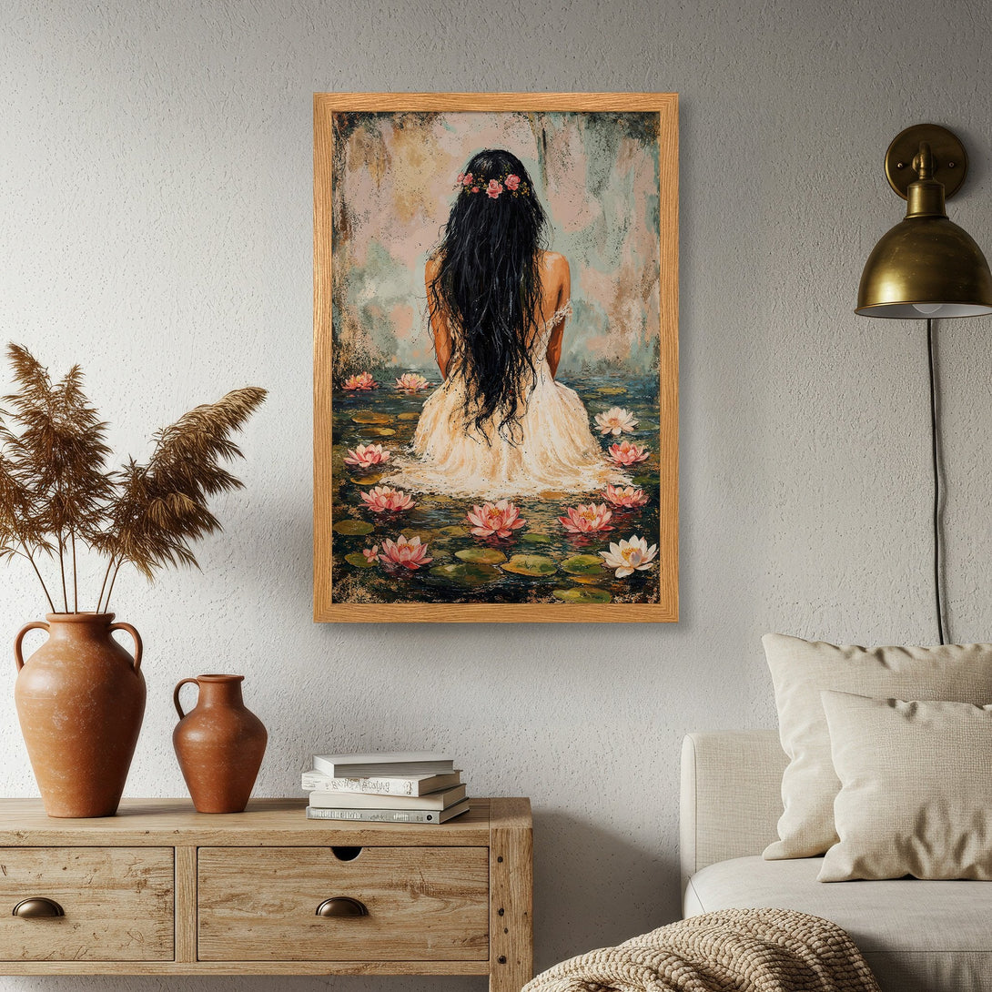 Framed Poster featuring a woman in a white dress among lotus flowers. Artistic style with a soft, warm color palette. Perfect wall decor.