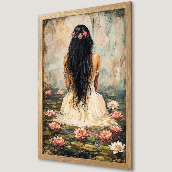 Framed Poster featuring a woman in a white dress surrounded by water lilies, impressionist style, soft pastel color palette. Perfect wall art.