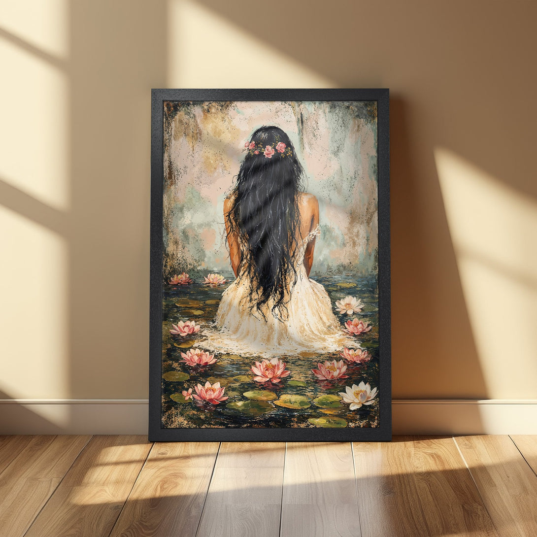 Framed Poster featuring a woman in a white dress surrounded by water lilies, with a soft, painterly style and a muted color palette.