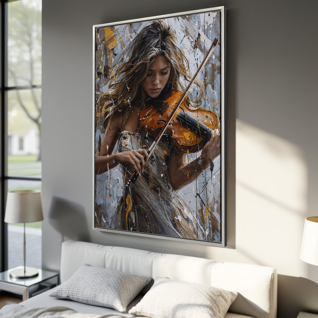 Framed Wall Art: Abstract painting of a woman playing violin. Modern art in a neutral palette of gray, gold, and brown. Perfect bedroom decor.