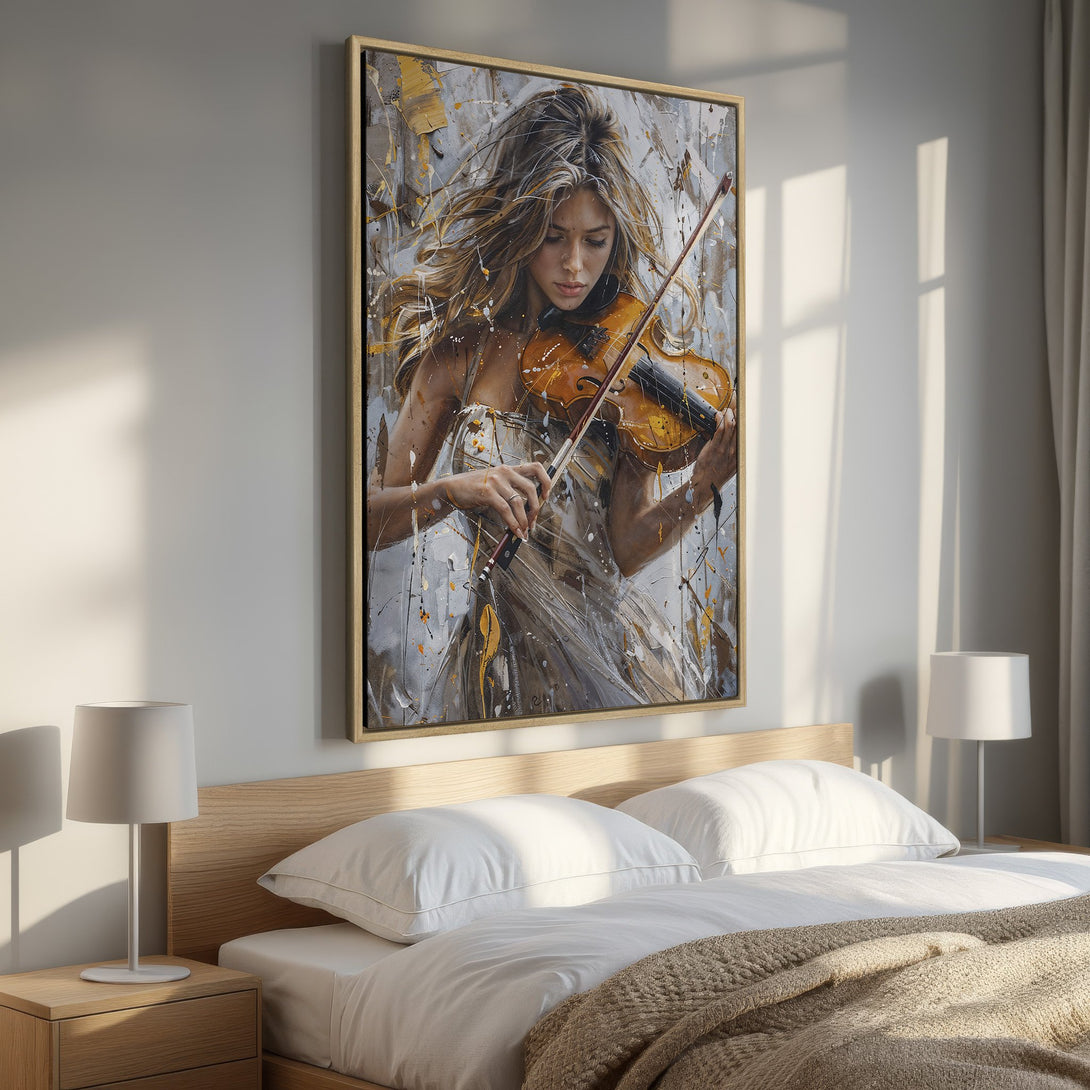 Framed Wall Art featuring a woman playing violin. Abstract style with neutral, grey, and gold tones. Perfect bedroom decor.