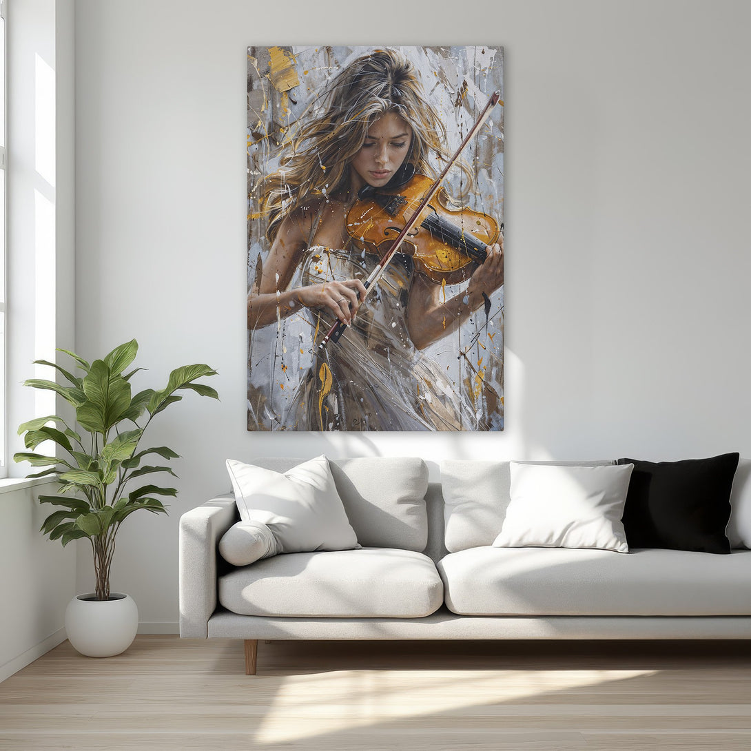 Framed Wall Art: Stunning painting of a woman playing violin in a modern, abstract style. Neutral tones with gold accents create an elegant, artistic statement.