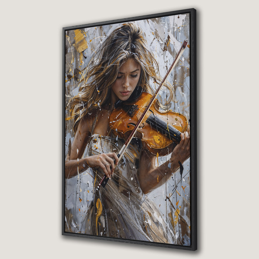 Framed Wall Art: Abstract painting of a woman playing violin, with a neutral, gold, and gray color palette. Perfect for adding elegance to your decor!