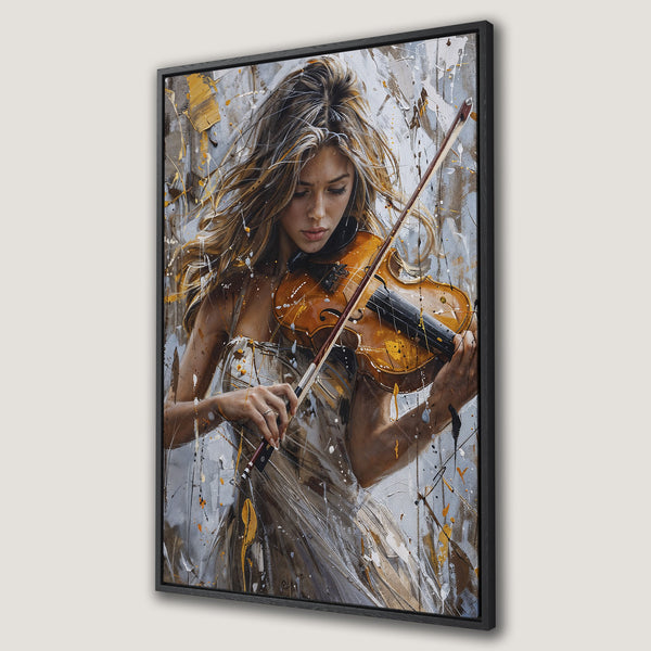 Framed Wall Art: Abstract painting of a woman playing violin, with a neutral, gold, and gray color palette. Perfect for adding elegance to your decor!