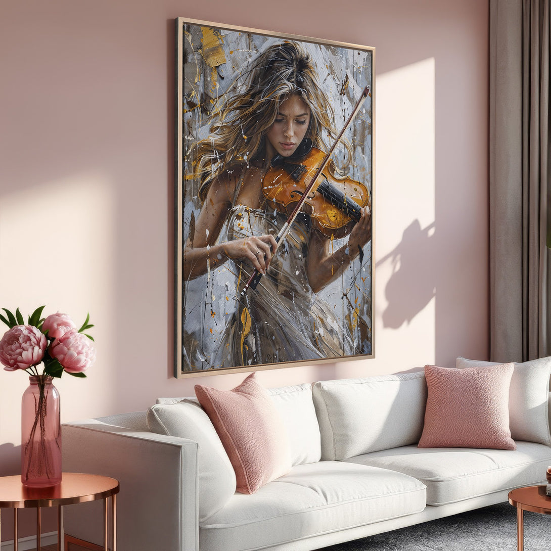 Framed Wall Art: Stunning violin player painting in a modern style with a soft, neutral color palette. Perfect for adding elegance to your home decor.