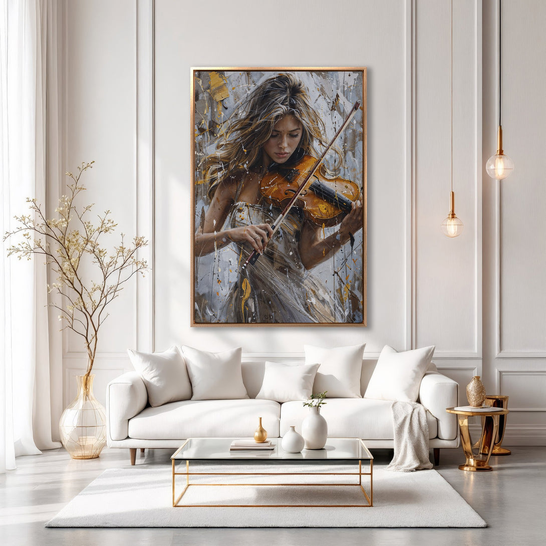 Framed Wall Art: Abstract painting of a woman playing violin, neutral color palette with gold accents, elegant interior decor.