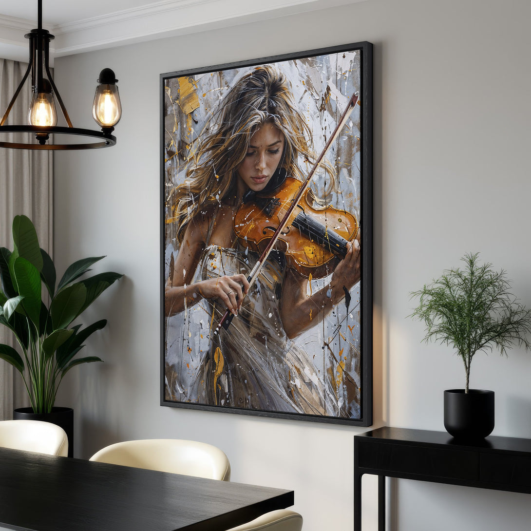 Framed Wall Art: Abstract painting of a woman playing violin. Neutral color palette with gold accents. Perfect for modern home decor.