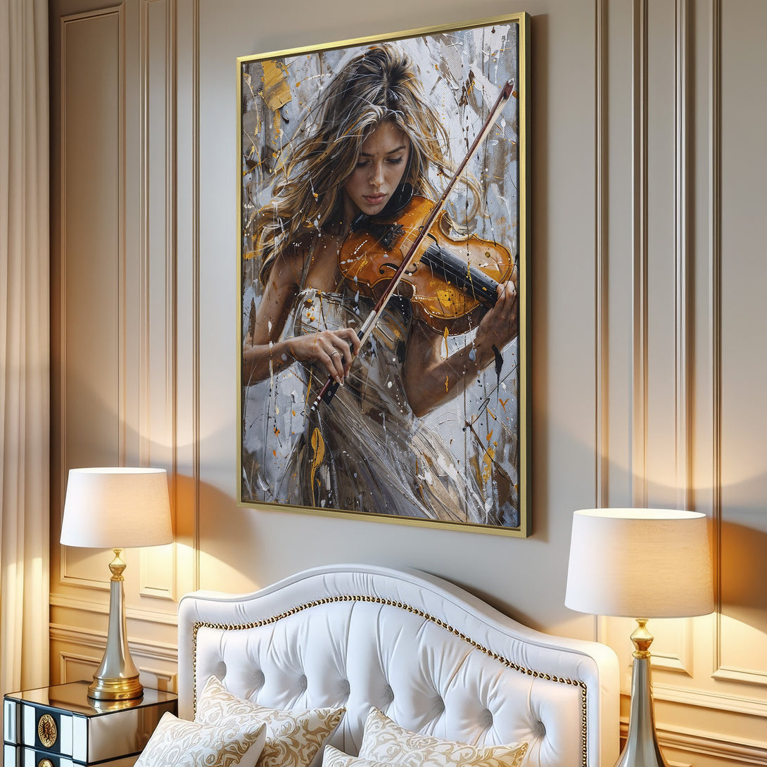 Canvas Print of a woman playing violin, abstract style, neutral and gold color palette, perfect for living room decor.