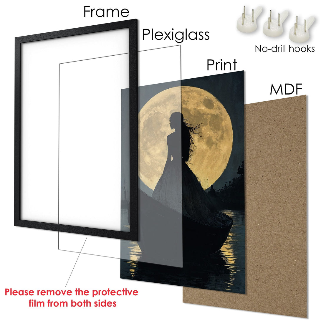 Framed Poster featuring a woman silhouette against a moonlit sky, in a dark, moody color palette. Ready to hang!