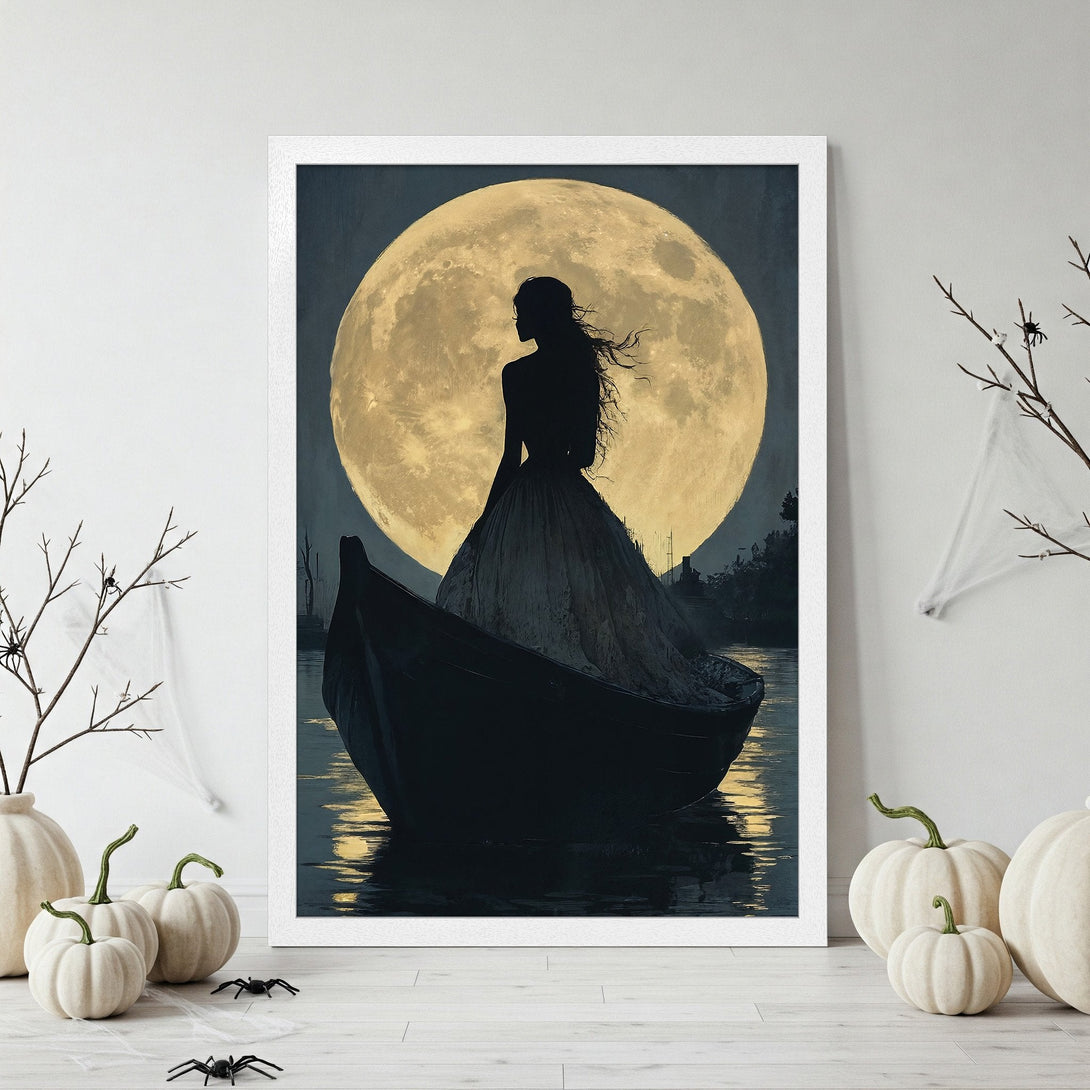 Framed Poster featuring a woman in a boat with a moon backdrop, dark and moody art style, with a gold and blue color palette. Perfect for Halloween decor.