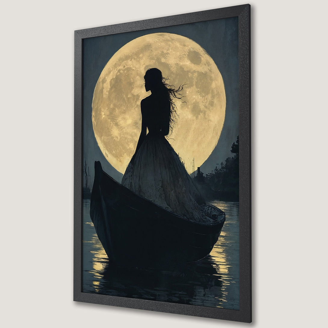 Framed Poster: Silhouette of woman in boat against moon. Romantic art print in muted blues, golds, and blacks. Perfect wall decor.
