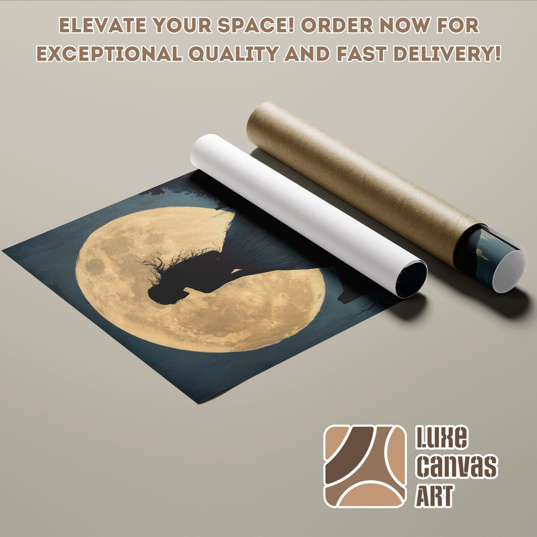 Poster Roll featuring a silhouette against a moon, in a dark, moody color palette. Order your art today!