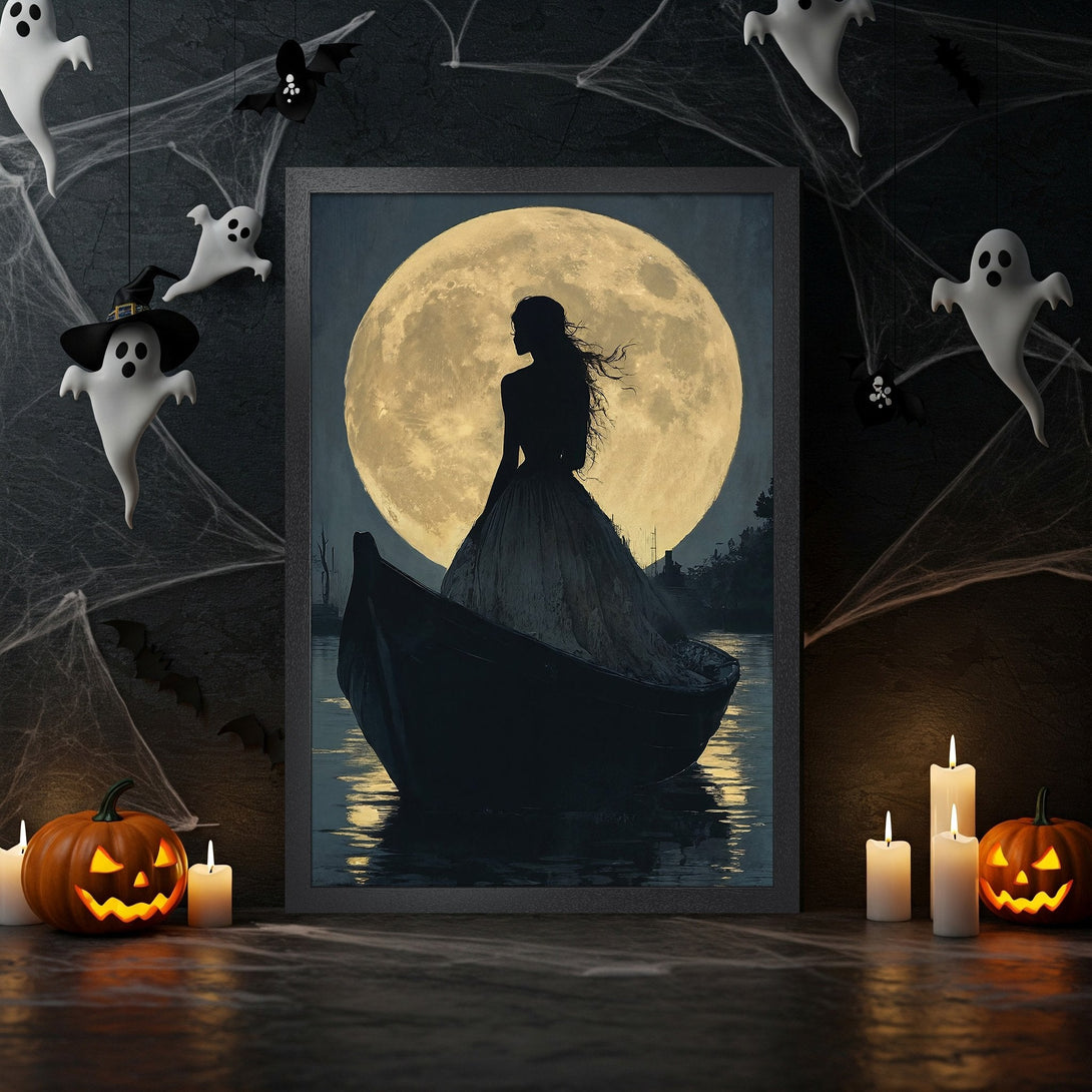 Framed Poster featuring a silhouette in a boat under a full moon, with a spooky Halloween theme and a dark, moody color palette.