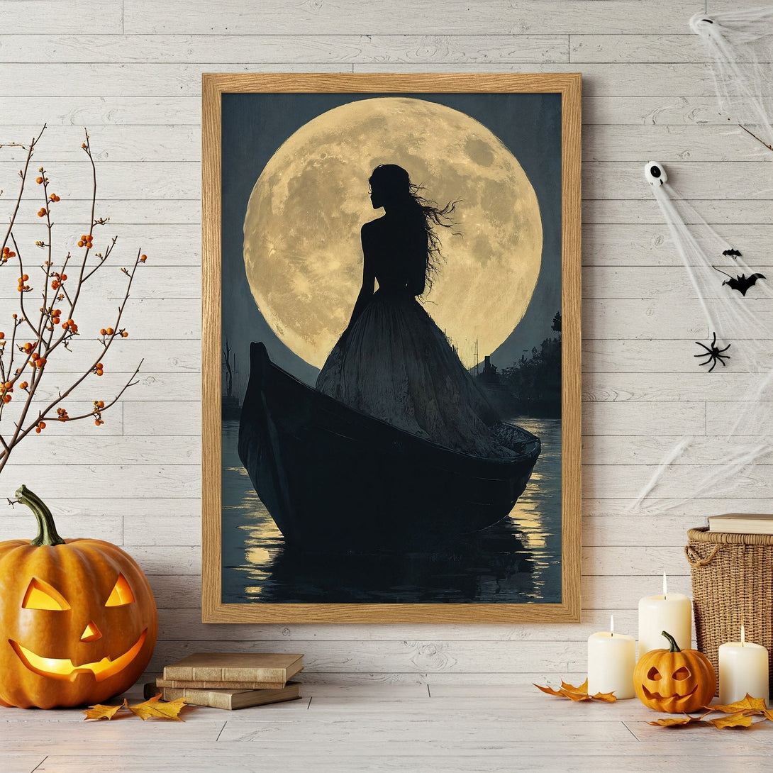 Framed Poster: Silhouette of woman on boat in front of moon, dark & moody art, Halloween decor, blue & gold palette, perfect for spooky season.