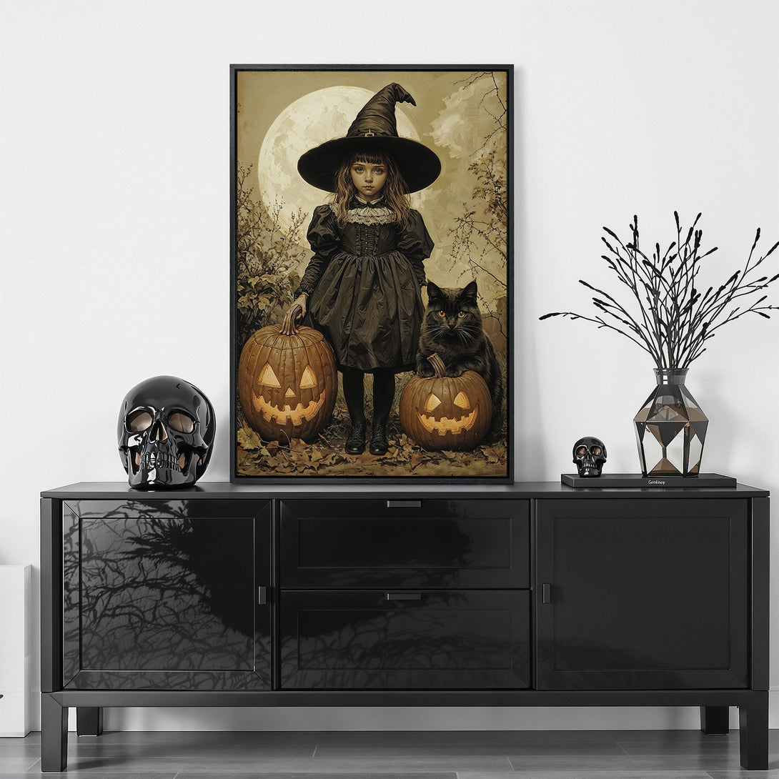 Framed Wall Art: Spooky Halloween witch with pumpkins & black cat. Vintage style art with sepia tones, perfect for seasonal decor. Add a touch of magic!