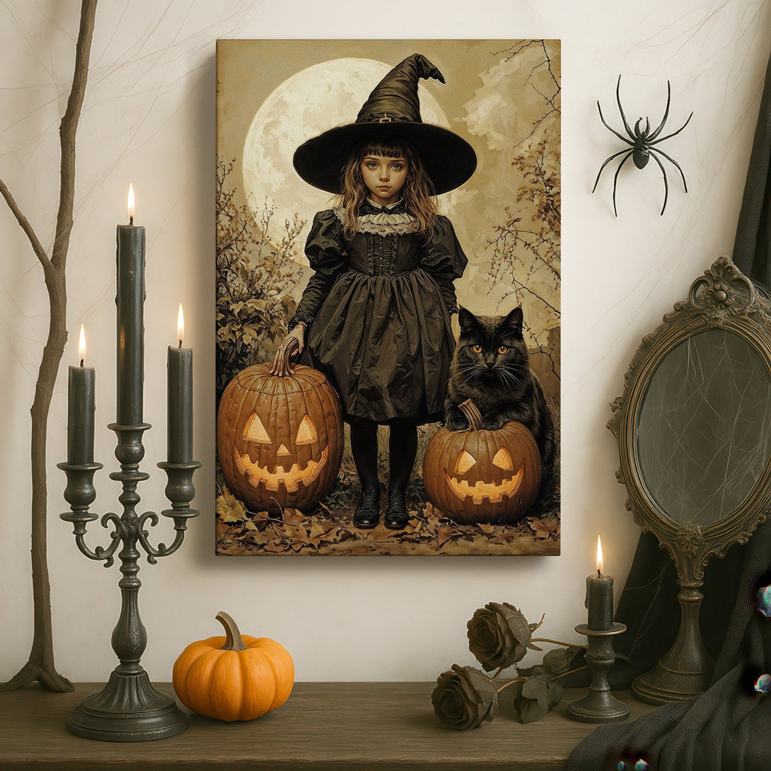 Framed Wall Art: Spooky Halloween witch with pumpkins and black cat, displayed in a dark, gothic interior. Warm, autumnal color palette.