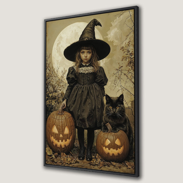 Framed Wall Art: Spooky Halloween canvas print featuring a witch with pumpkins and a black cat, in a vintage style with sepia tones. Perfect seasonal decor!