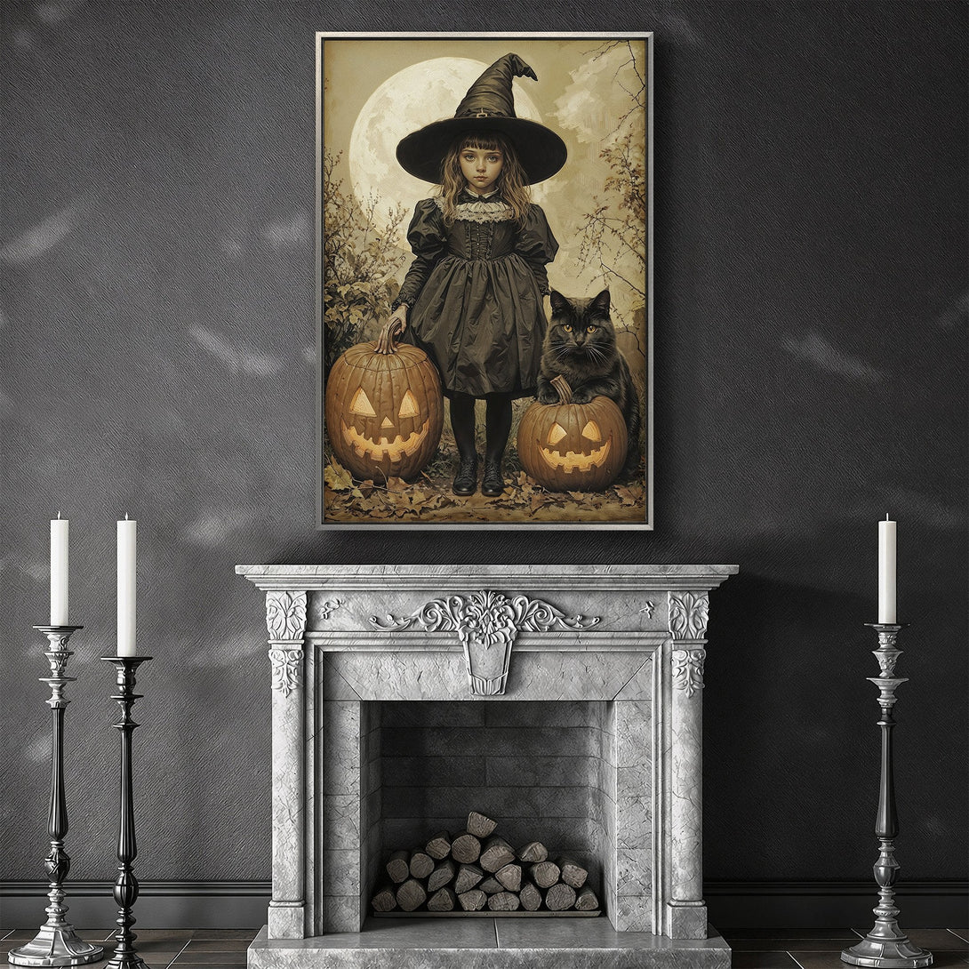 Framed Wall Art featuring a spooky Halloween witch with pumpkins and a black cat. Vintage style with a muted, sepia color palette. Perfect for fall decor.