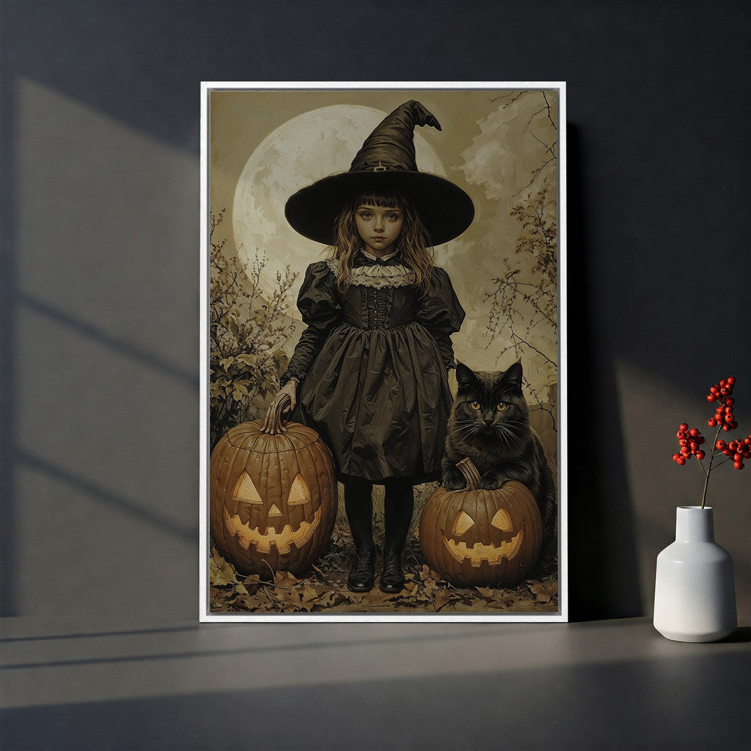 Framed Wall Art: Spooky Halloween scene with a witch, pumpkins, and black cat. Vintage style, sepia tones. Perfect for fall decor!