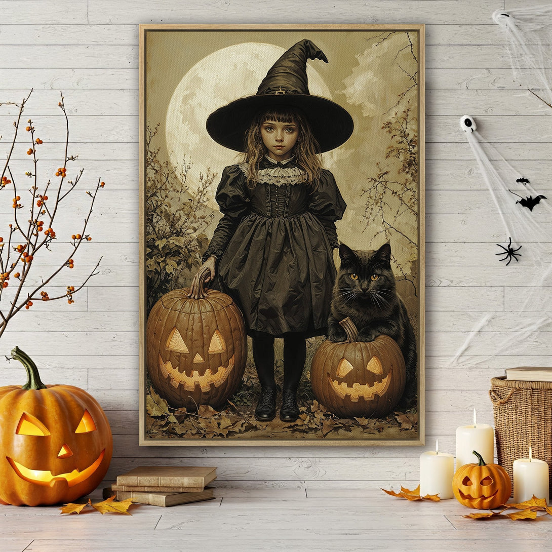 Framed Wall Art featuring a spooky witch and black cat with pumpkins, vintage style, and a warm, autumnal color palette perfect for Halloween decor.
