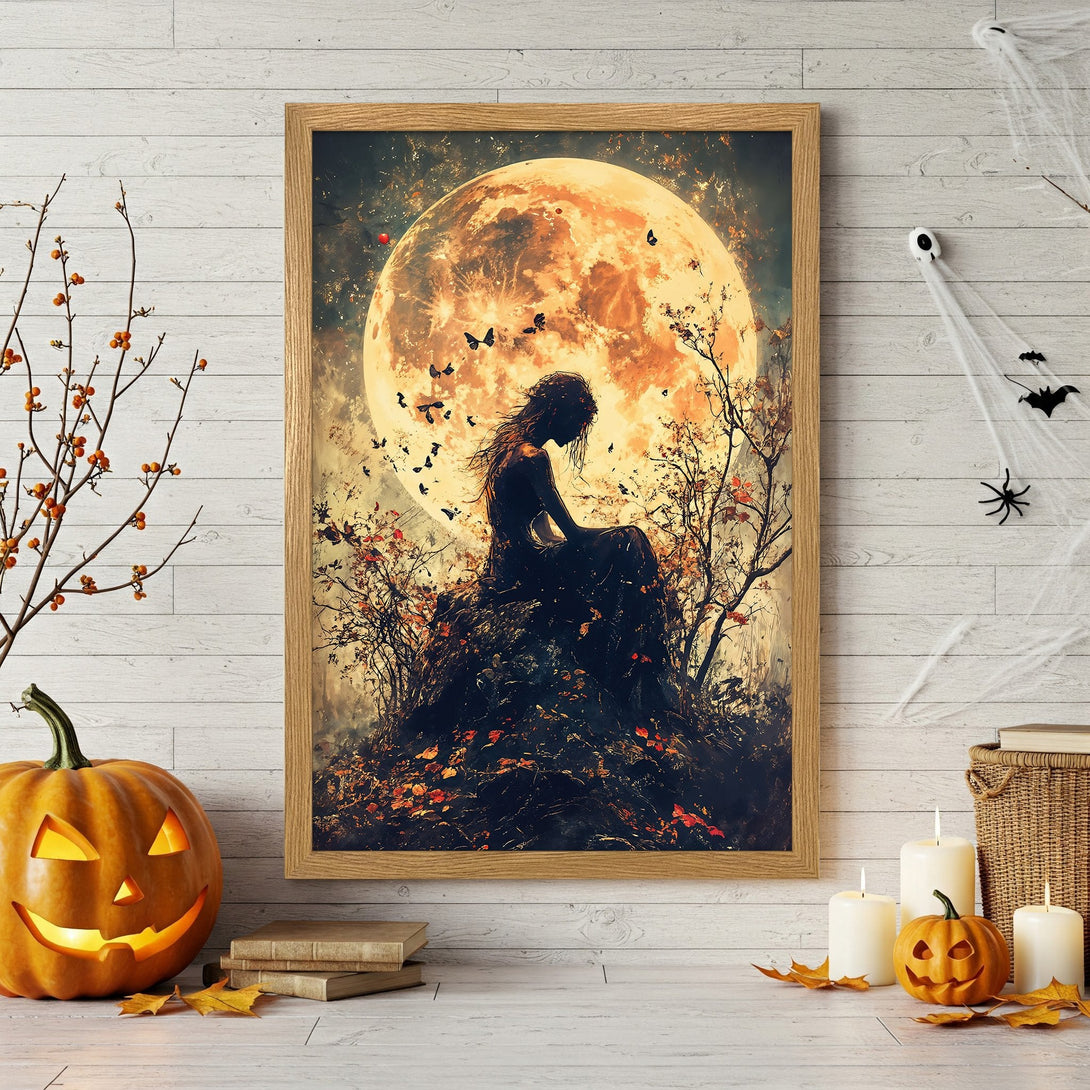 Framed Poster featuring a woman silhouetted against a full moon, in a mystical style with warm, autumnal tones. Perfect Halloween decor!