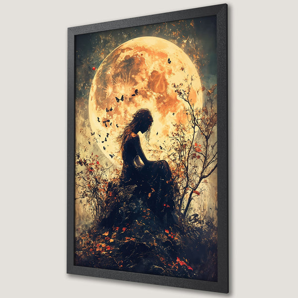 Framed Poster featuring a woman under a moon, in a dreamy, artistic style with warm, earthy tones. Perfect wall art for your home!