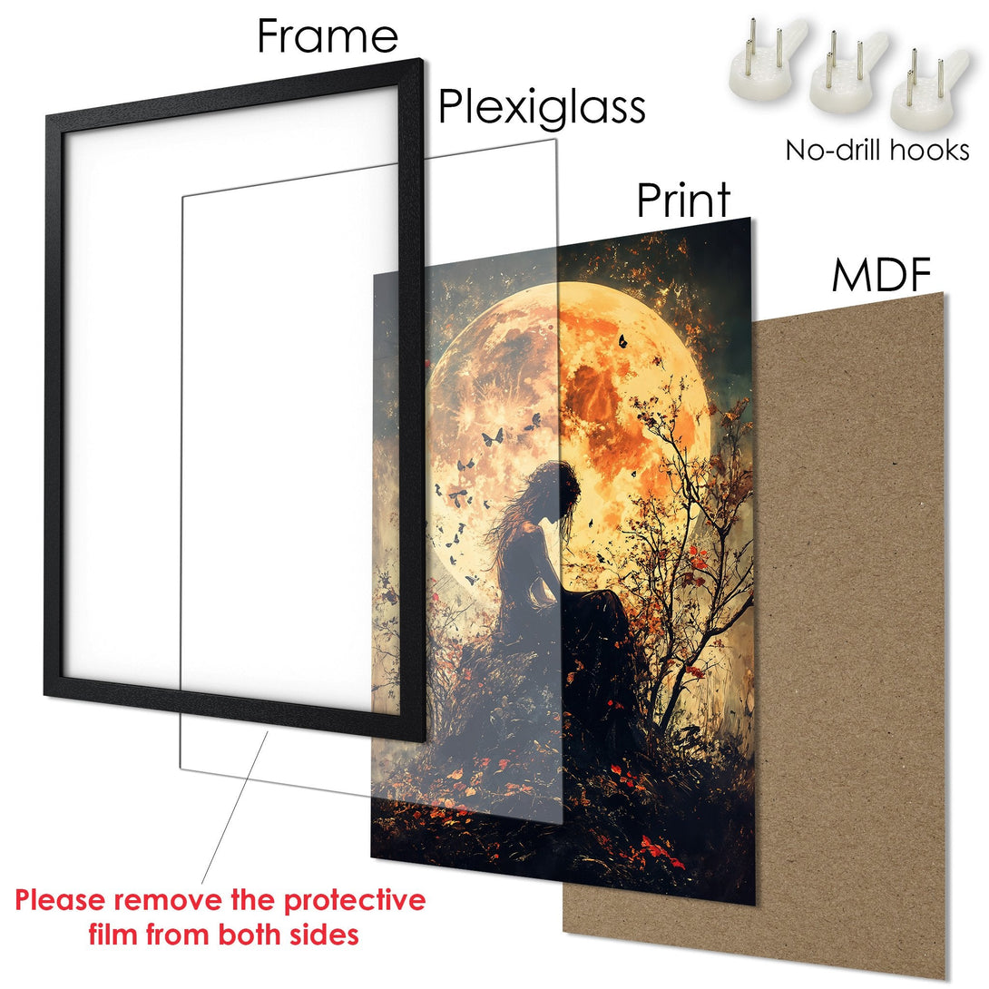 Framed Poster featuring a mystical woman and moon, warm orange and black color palette, perfect wall art decor.
