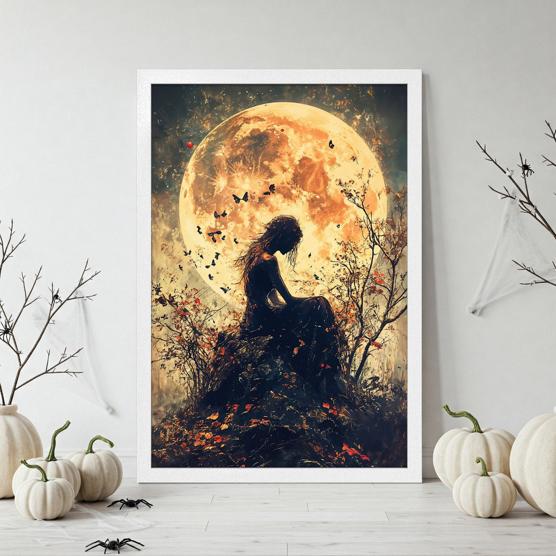 Framed Poster featuring a woman under a full moon. Dark, moody art in warm orange and black tones. Perfect Halloween decor!