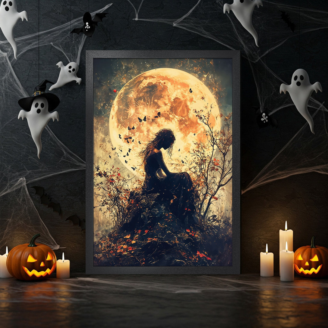 Framed Poster featuring a spooky moonlit scene in warm tones. Perfect Halloween decor. Art print with a dark, artistic style.