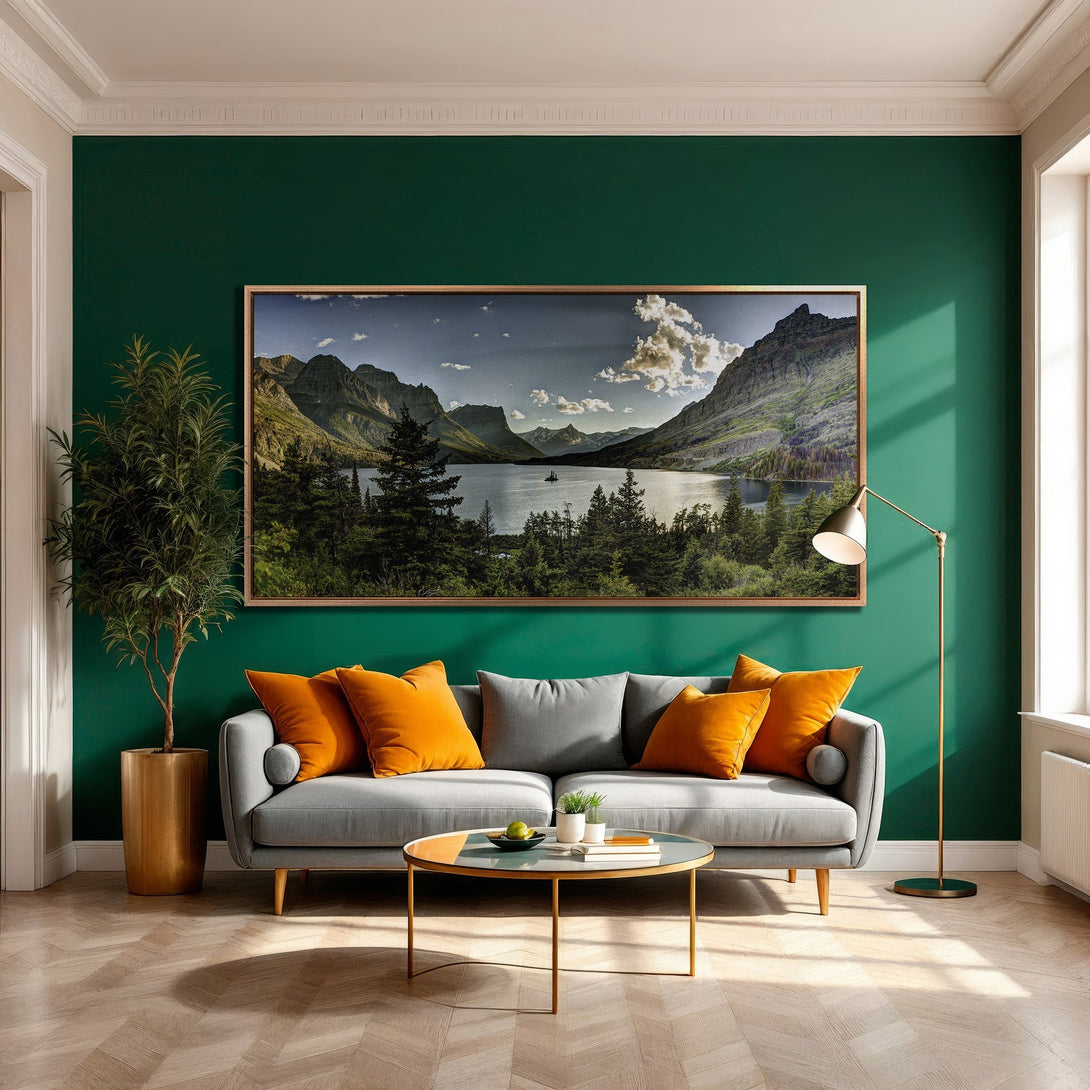 Framed Wall Art of a mountain lake landscape in a modern living room. Earth tones and vibrant green wall create a stylish, inviting space.