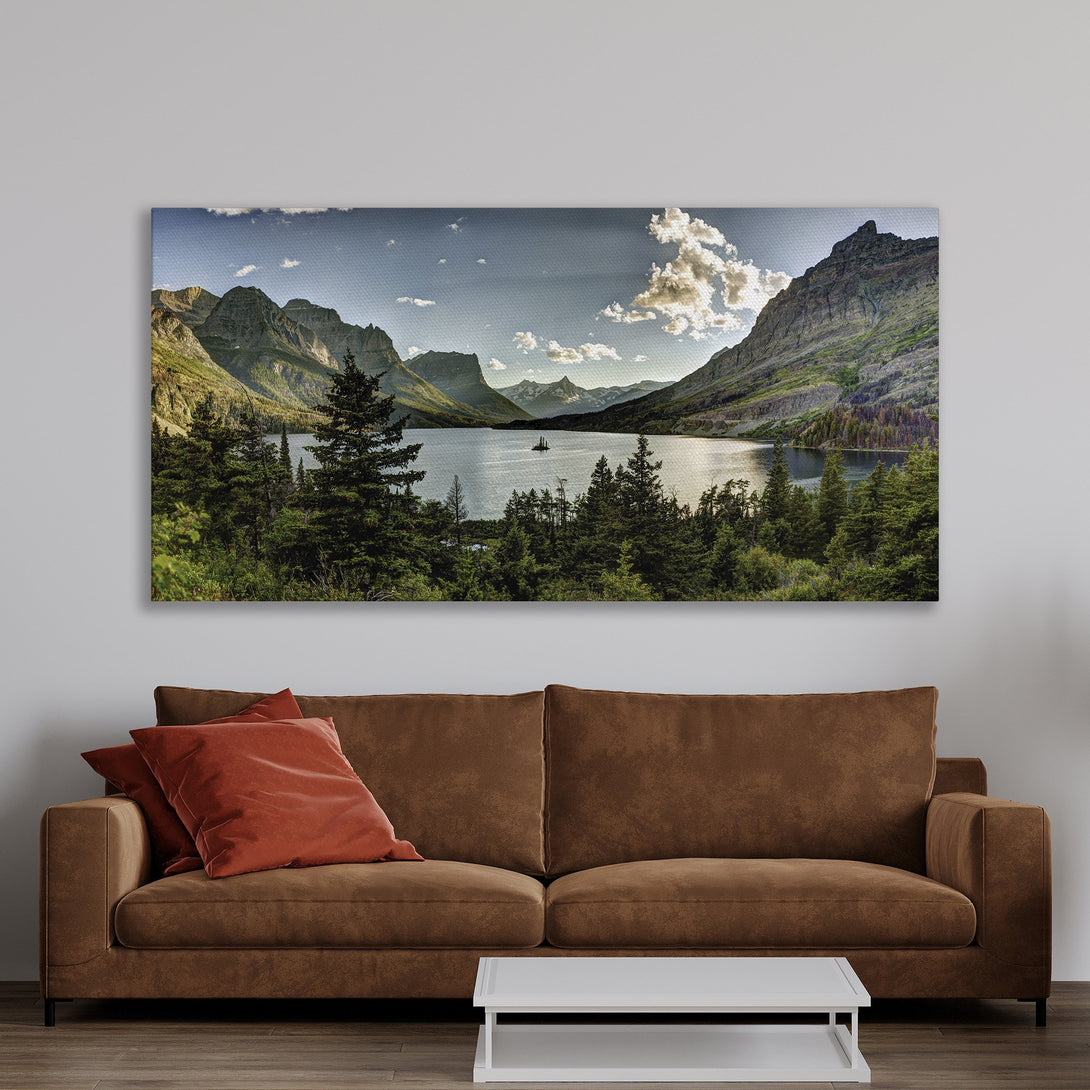 Framed Wall Art: Stunning mountain lake landscape Canvas Print in a gold frame. Earthy tones create a serene, natural aesthetic for your home decor.