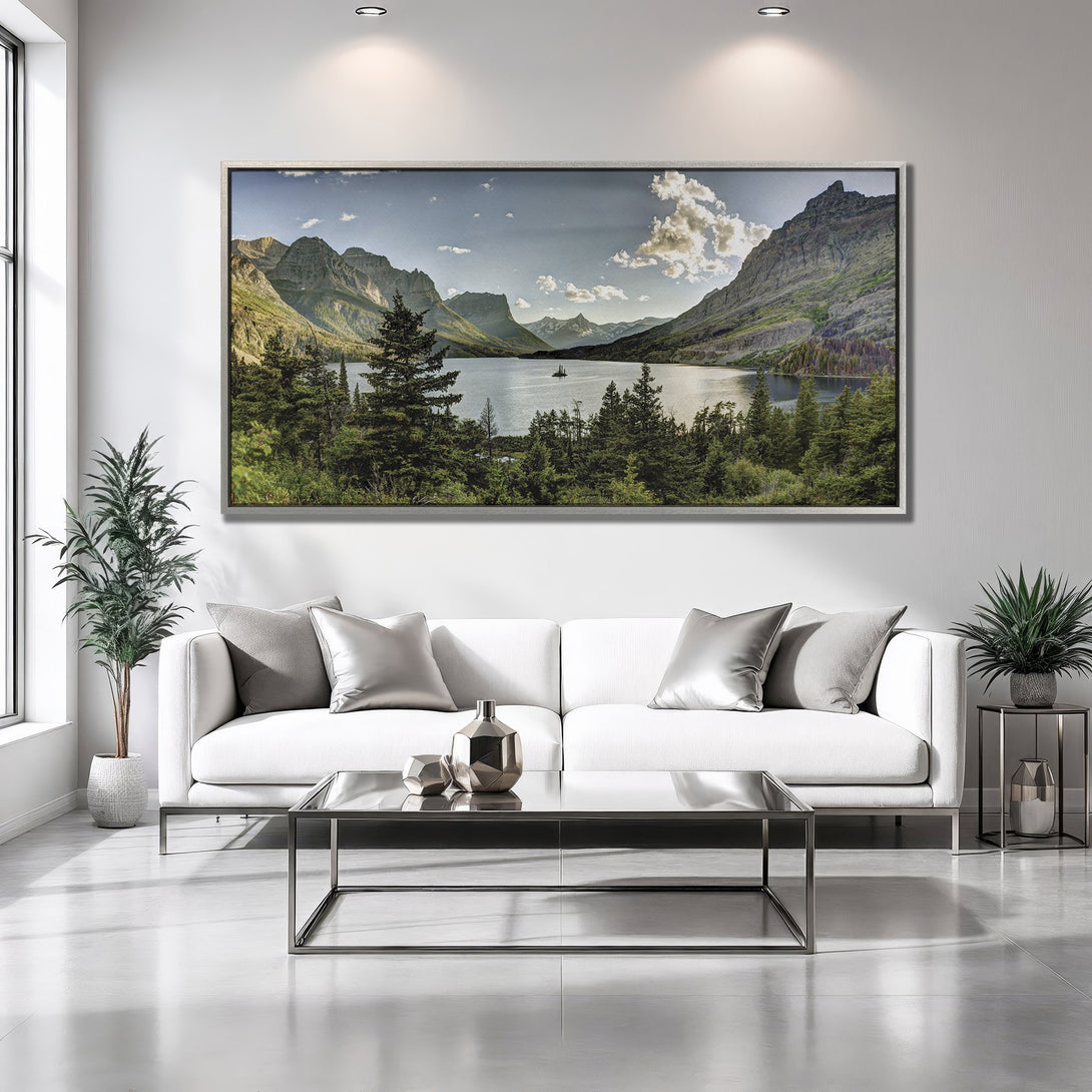Framed Wall Art of a serene mountain lake landscape in a modern interior. Earthy tones and calming blues create a peaceful atmosphere.