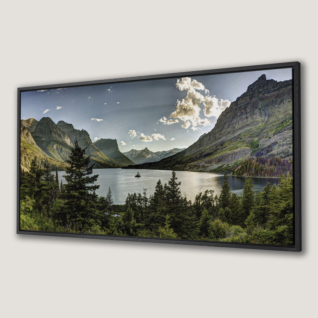 Framed Wall Art: Stunning landscape Canvas Print featuring a mountain lake scene. Earthy tones of green, blue, and gray create a serene, natural aesthetic. Perfect for any space!